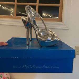 Silver strappy heels, size 6.5
